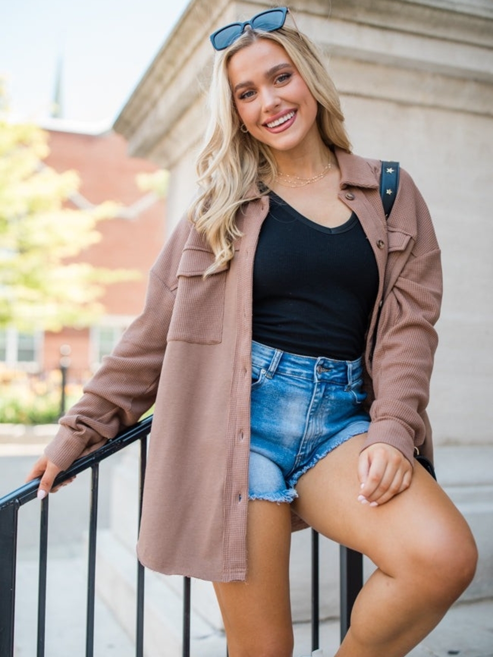 Pink Lily Taupe Button-Front Waffle Shacket